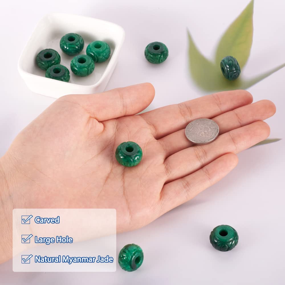 Fashewelry 10Pcs Natural Myanmar Jade Stone Large Hole Beads Rondelle Engraving Gemstone European Charm Beads Drum Shape Healing Chakra Gems Loose Spacers for Jewelry Making 4-5mm Hole