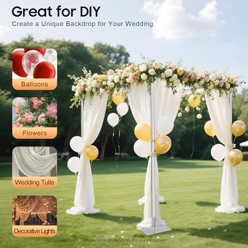Wedding Arch Backdrop Stand, 9.84 x 9.84 Feet Adjustable Height 4 Post Hardware Kit, Portable Background Frame with Square Base for Outdoor Wedding, Birthday Party, Photo Booth Background (Silver)