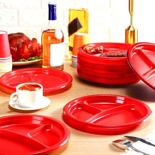 Umigy 100 Pcs 10 Inch 3 Compartments Divided Plastic Plates Bulk Colorful Disposable Heavy Duty Round Dinnerware for Valentine Wedding Birthday Party(Red) - color: Red