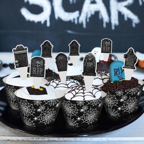 48 Pack Halloween Cupcake Toppers and Black Spider Web Wrappers, Tombstones Skeleton Cupcake Picks Decoration for Halloween Party Birthday Party Supplies - style: Halloween