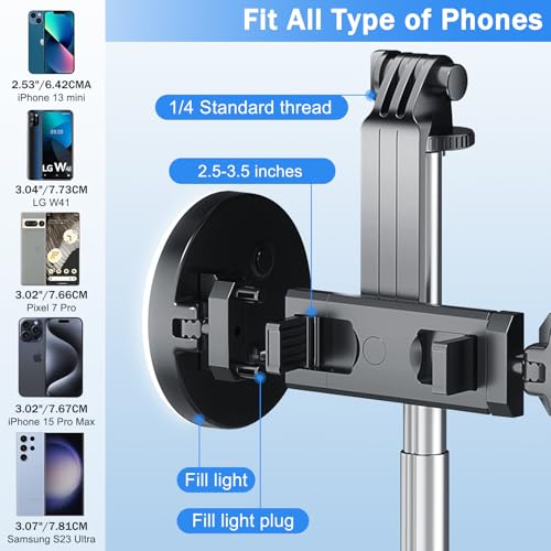 Selfie Stick Tripod with Fill Light, Phone Selfie Stick,Durable Stainless Steel Design,Bluetooth Remote Control,and Stable Three-Legged Support for Live Broadcasts,Video Shooting (Black) - color: Black