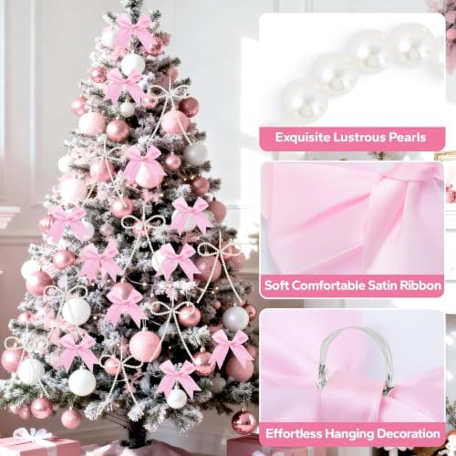 18 Pcs Pink Bow Ornaments for Christmas Tree,Include 6 White Pearl Bows 12 Pink Satin Ribbon Bows,Bow Ornaments Christmas Tree Toppers for Home Wreath Fireplace Xmas Gift Packaging Wedding Party Decor