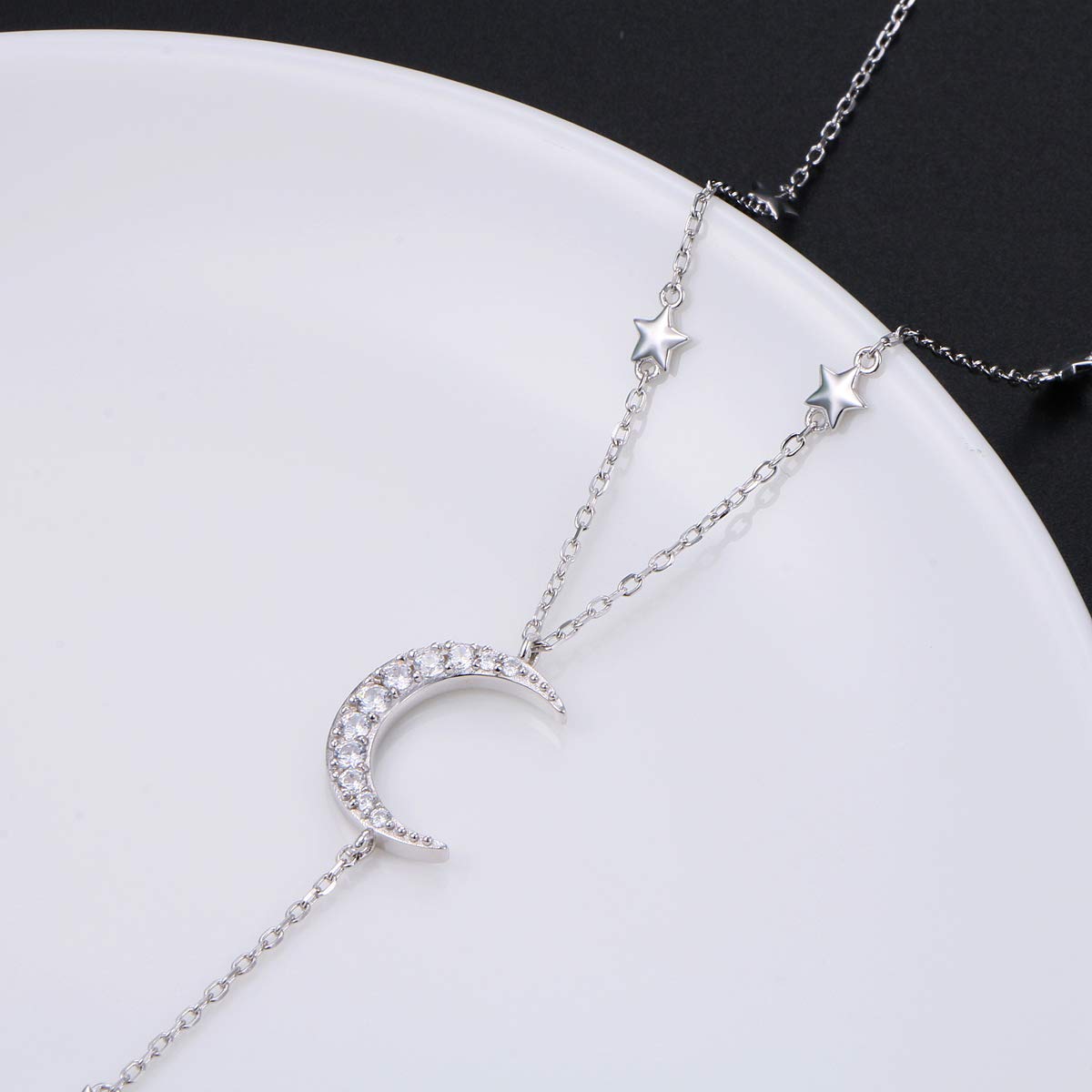 Ladytree S925 Sterling Silver Crescent Moon and Star Celestial Jewelry CZ Y Necklace Rolo Chain 18 inches to 20 inches