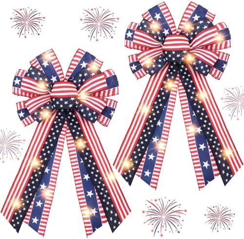 2 Pcs Patriotic 4th of July Lighted Wreath Bow Large Red White and Blue 250th Anniversary Burlap Tree Topper American Flag Star Independence Memorial Day Indoor Outdoor Decoration(Classic)