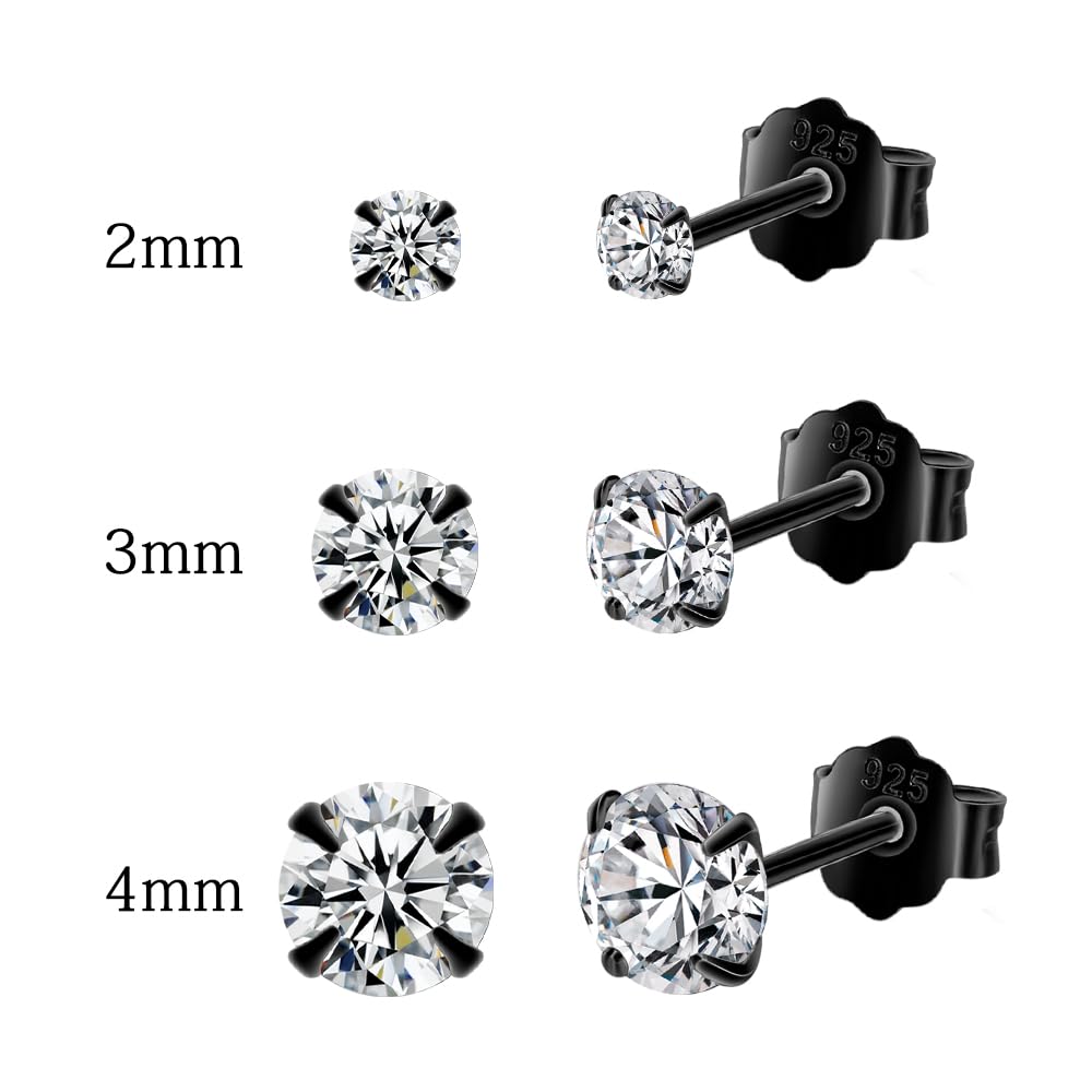 Black Hoop Earrings Sterling Silver Stud Earrings for Men Women 6 Pairs Hypoallergenic Tiny Cubic Zirconia Stud Set Cartilage Hoops 6mm 8mm 10mm