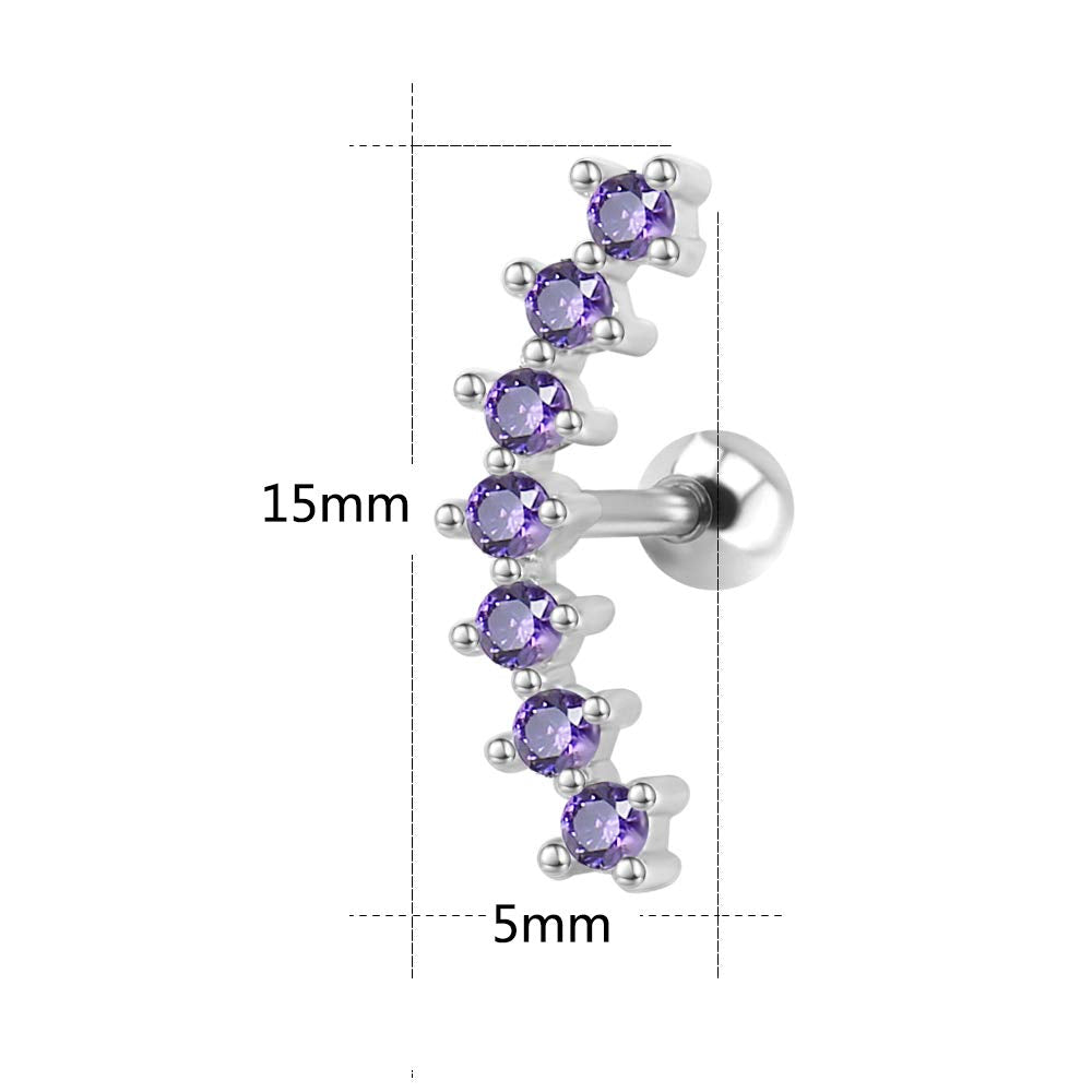 ZS Curve Seven Stud CZ Stud Earrings 316L Stainless Steel Ear Helix Conch Cartilage Piercing (Purple)
