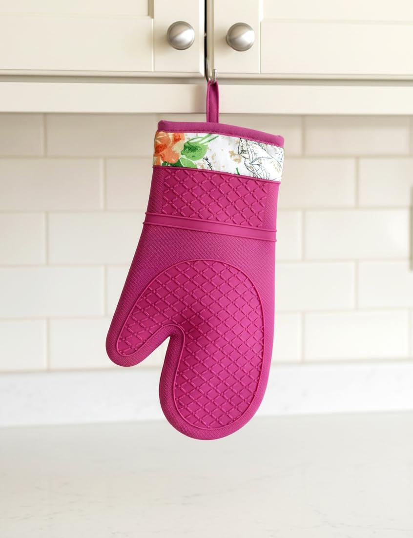 HOMETYGER Complete 4-Piece Set – Includes apron, heat-resistant oven mitt, dish towel, and an extra matching hand towel for everyday kitchen use (Pink Floral)