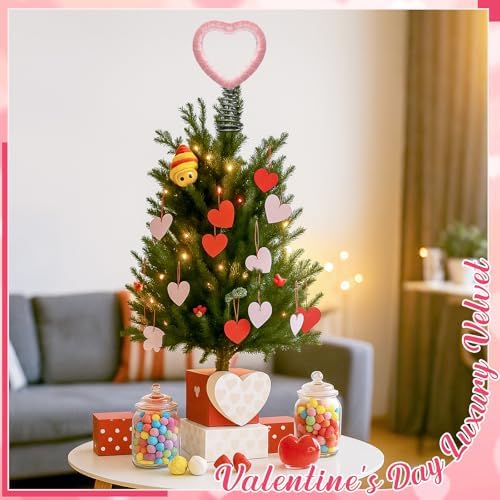 Gejoy 5.5 Inch Mini Velvet Valentine Day Tree Topper Velvet Pink Hearts Tree Topper for Mini Heart Decorations for Valentine's Day Party Holiday Ornament