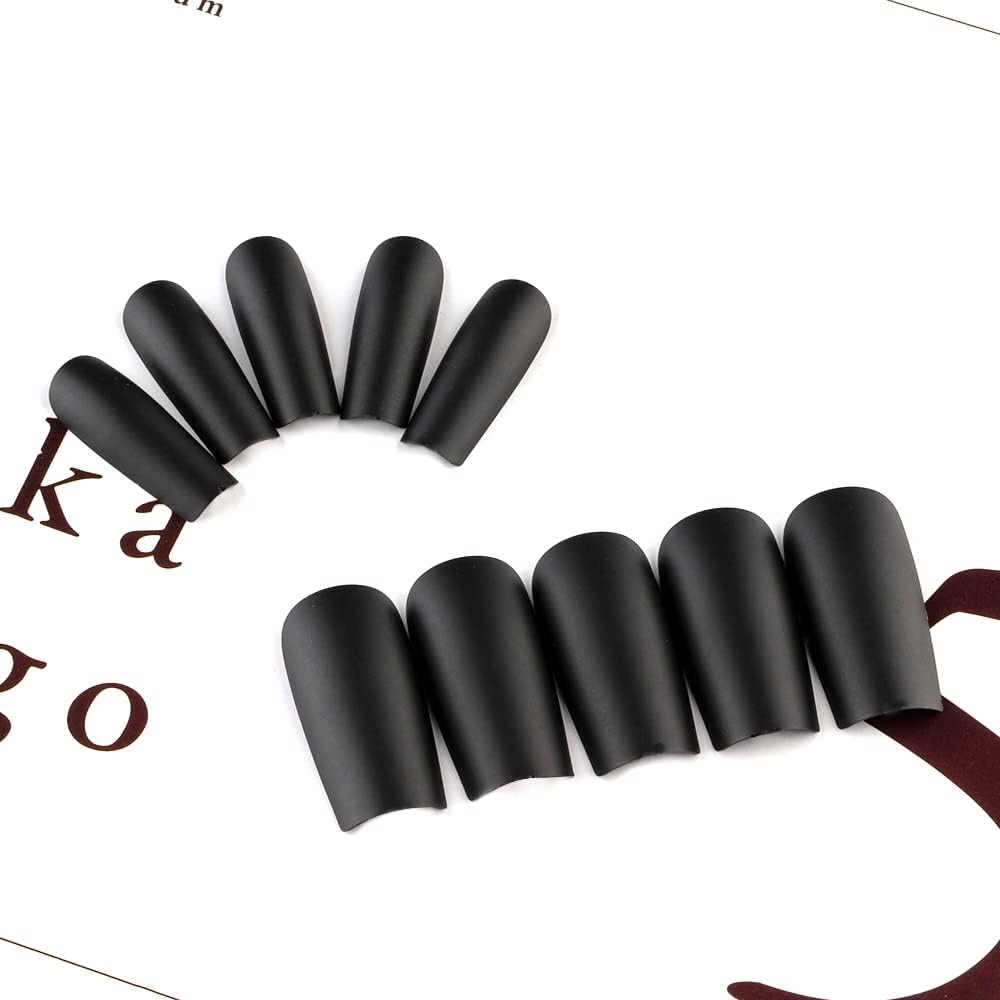 KQueenest Matte Black Press on Nails Long Medium Square, Dark Black Fake Nails Medium Coffin, Sheer Color Acrylic Nails Press ons, Reusable Soft Gel Glue on Nails for Women Fall Winter