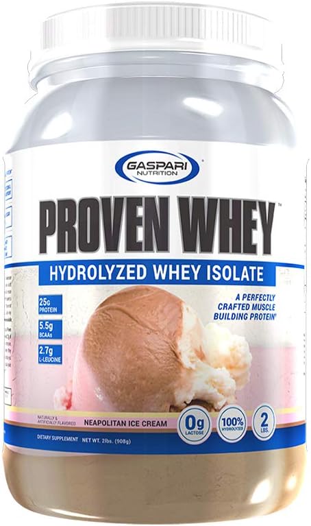 Gaspari Nutrition Proven Whey, 100% Hydrolyzed Whey Isolate, High Protein, Lactose Free, Low Carbohydrate and Low Sugar (2lb, Neapolitan Ice Cream)
