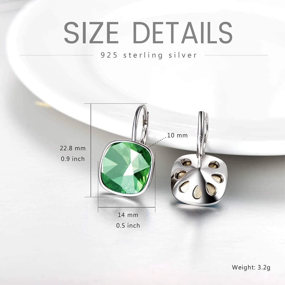 AOBOCO Sterling Silver Leverback Earrings, Green Crystal, 0.90 in x 0.55 in, 3.2 g