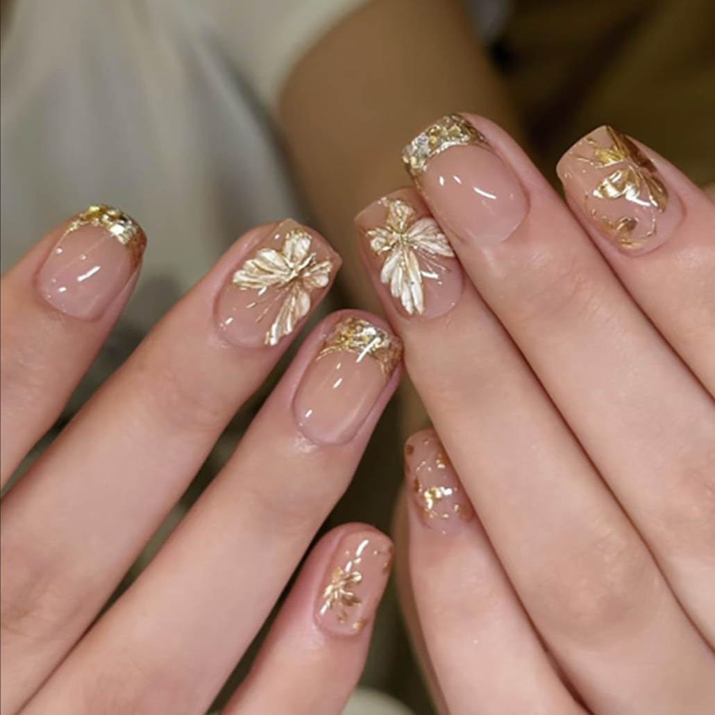 Foccna French Press on Nails Short Nude Fake Nails Square Bling Gold Line Design Glossy False Nail Tips Artificial Nails for Women 24pcs