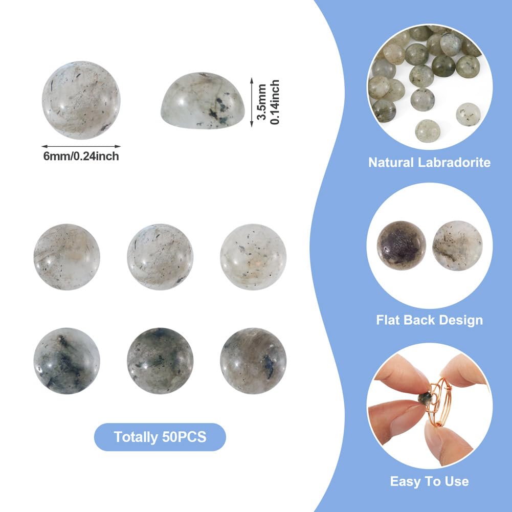 Fashewelry 50Pcs Natural Labradorite Cabochon Stone Half Round Beads 6mm Tiny Flat Back Gemstone Chakra Healing Crystal Cover Cabs for Jewelry Making