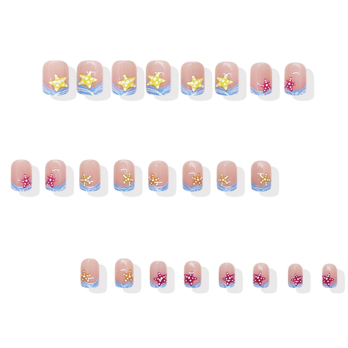 Summer Press on Nails Short Square Fake Nails Beach French Tip Nails Press ons with Starfish Design Full Cover Stick on Nails for Women Manicure,Artificial | Reusable | Easy Apply | 24Pcs