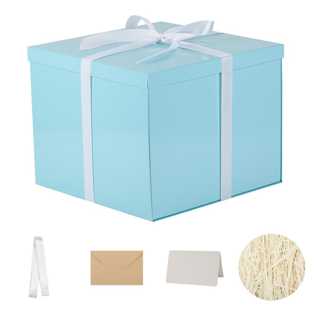 Large Gift Box with Lid 12.5x12.5x10 Inches, Blue Gift Boxes for presents Packaging for Birthdays, Valentine's Day, Christmas, Anniversaries (Include Shredded Paper Fill, Envelope Card Ribbon)