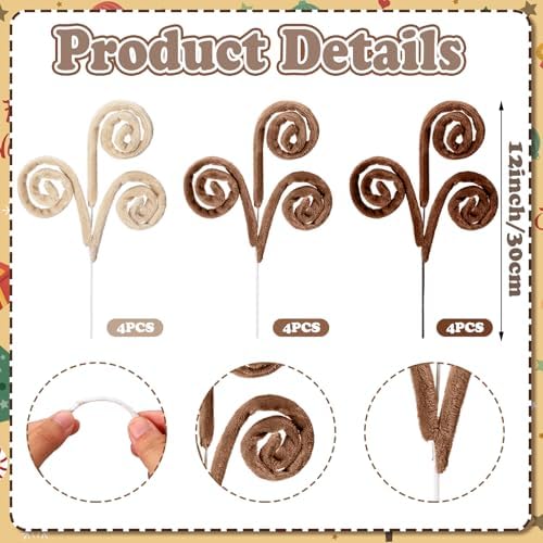 Daifunli 12 Pcs Curly Christmas Tree Picks Velvet Curl Decoration Spiral Curly Tree Topper Ornaments DIY Crafts for Wreath Fireplaces Vase Filler Holiday Ornament, 12 Inch(Milky White, Khaki, Brown)