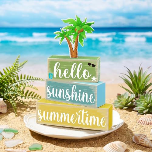 GlikCeil 4 Pcs Summer Wooden Tabletop Decor Hello Summer Tiered Tray Decor Sunshine Centerpiece Rustic Summertime Decorative Block Sign Gift Farmhouse Rustic Table Decoration for Home Kitchen Decors - style: Coconut Tree