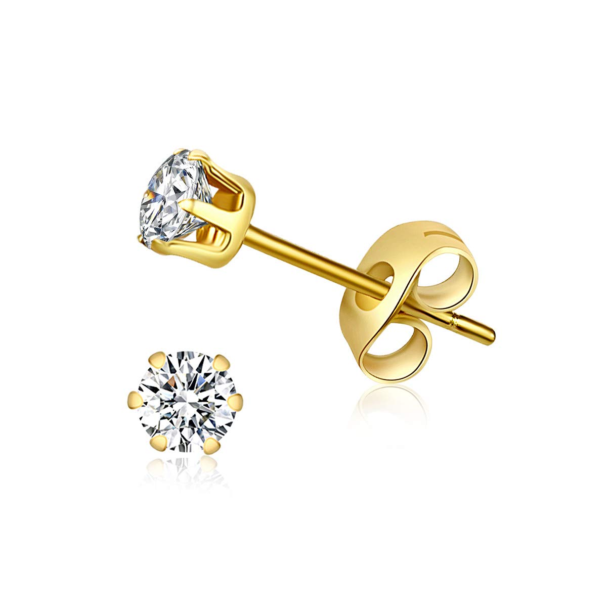 FOSIR 6 Pairs 4mm Women's 14K Gold Plated Stainless Steel Round Clear Cubic Zirconia Stud Earrings, 4mm CZ