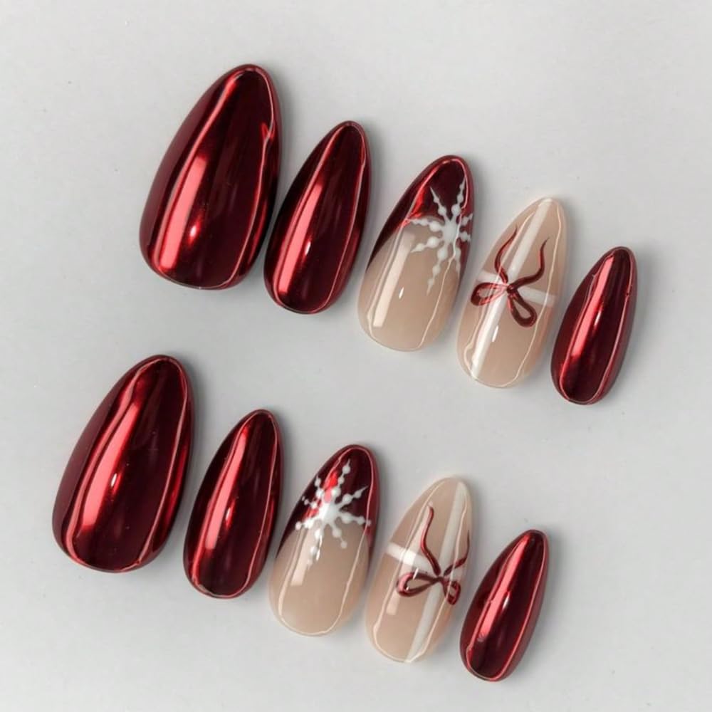 Press On Nails - MAGLFELL Red Handmade nails Medium Length Almond press-ons,10Pcs Red Cute 3D Reusable Acrylic Artificial stick ons for Women (Size S)