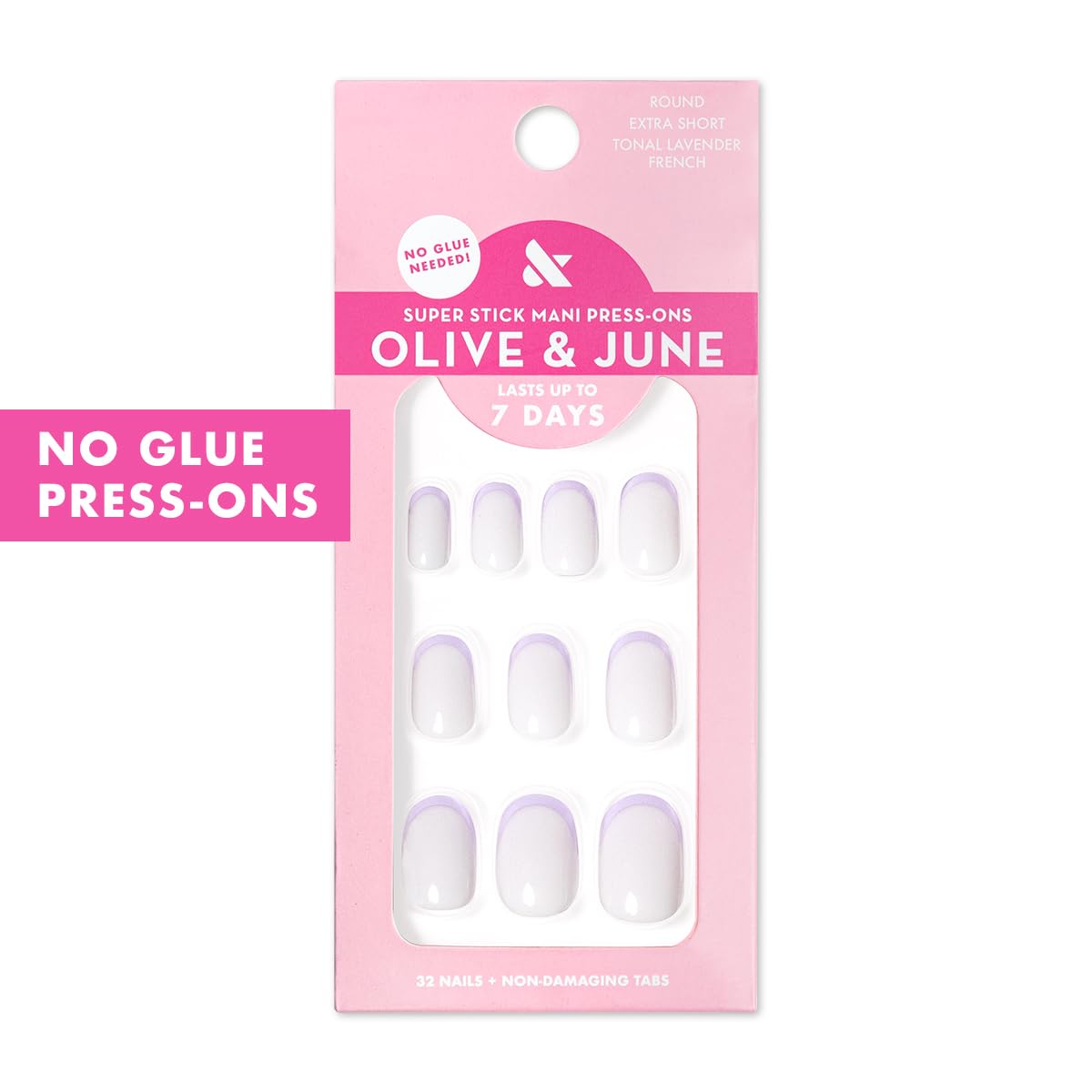 Olive & June Classic Super Stick Mani Press On Nails | No Glue Needed | 32 Tab Nails 16 Sizes | Non-Toxic Tabs Easy On-Off Non-Damaging | 7-Day Wear | Extra Short, Round | Tonal Lavender French