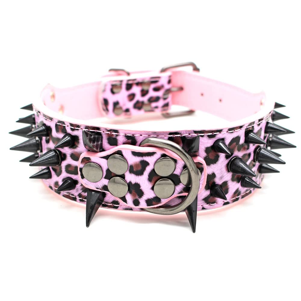 Serijoars Spiked Studded Dog Collar, PU Leather Dog Collar, Adjustable Pet Collars for Medium or Large Breed Pet (M, Pink)