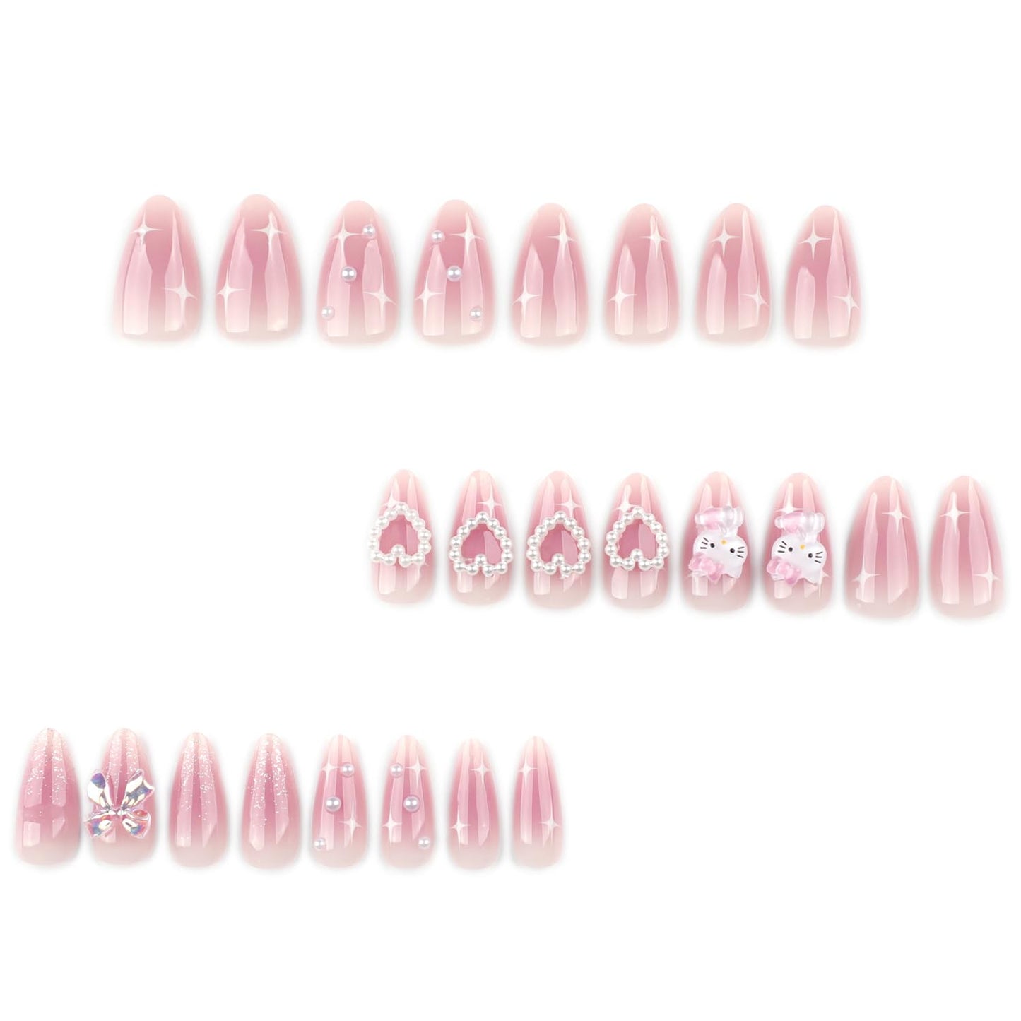 24Pcs Pink Press on Nails Medium Almond Fake Nails Charms Pearl Design French Nails 3D Bow Heart False Nails Tips Cute Star Stick on Nails Full Cover Artificial Acrylic Nails for Women Decor