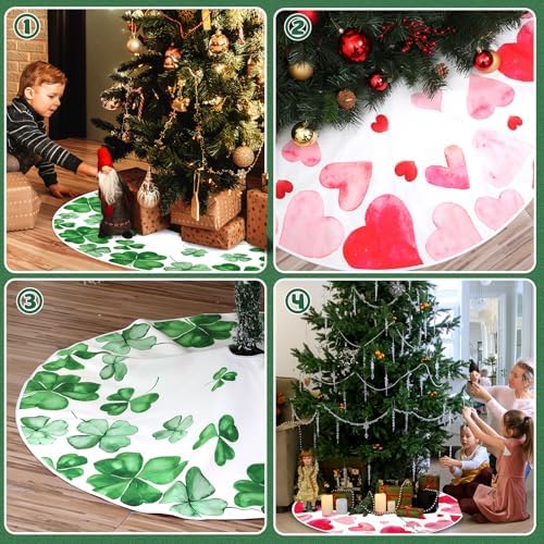 Double-Sided St. Patrick's Day/Happy Valentines Tree Skirt 36In Short Plush Lucky Shamrock Love Heart Tree Mat Festive Watercolor Style Mat for Home Office Tabletop Tree Spring Holiday Decor