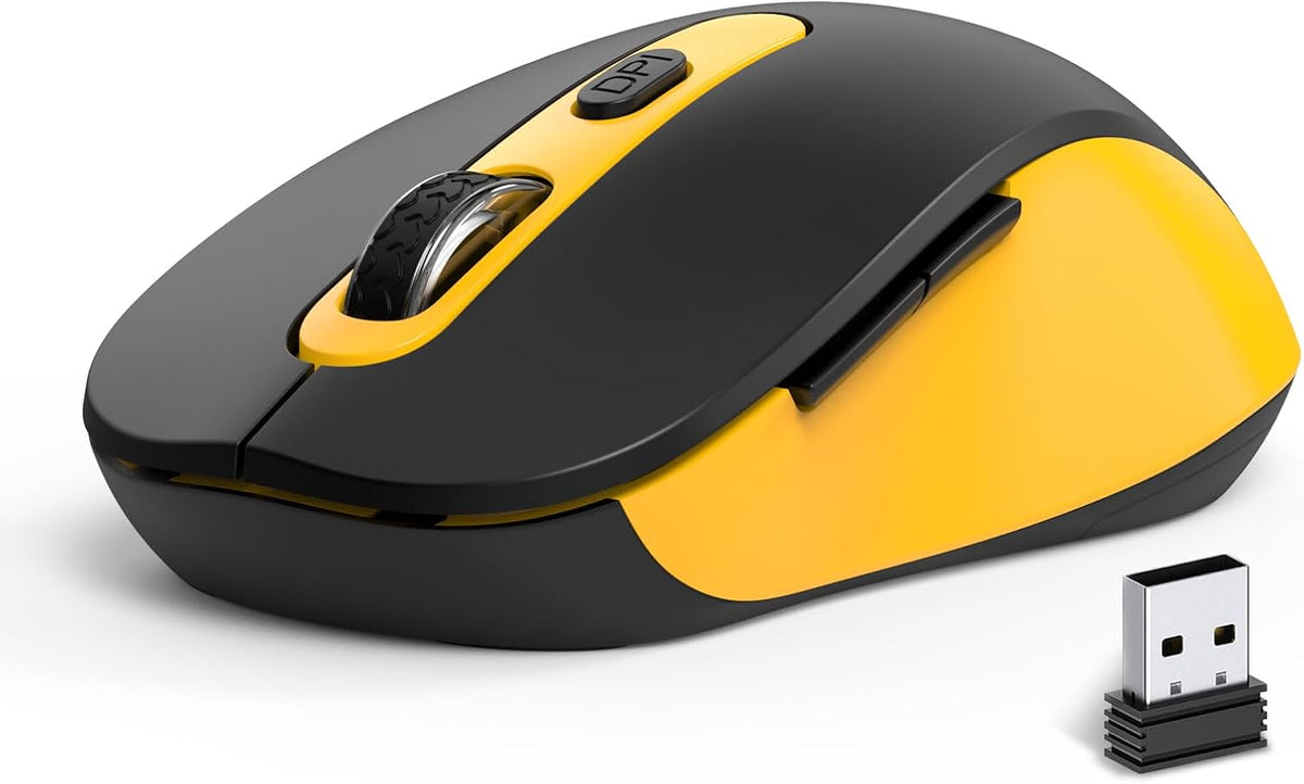 Wireless Mouse for Laptop, PC, Chromebook, Mac, MacBook, Silent Wireless Mouse with USB Nano Receiver, Side Button, 2400 DPI, Anti Slip Roller, 6 Button Ergonomics Cordless Computer Mice -Black Yellow