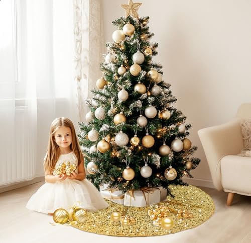 Small Gold Christmas Tree Skirt 21 Inches Glittery Sequin Tree Skirt Round Mini Tree Base Cover with Gold Sequins Tree Skirts Christmas Pencil Tree Skirt for 4ft Xmas Tree Home Decoration