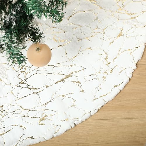 Arrowbash 48 Inch Christmas Tree Skirt Decor, Gold Marble Pattern, White