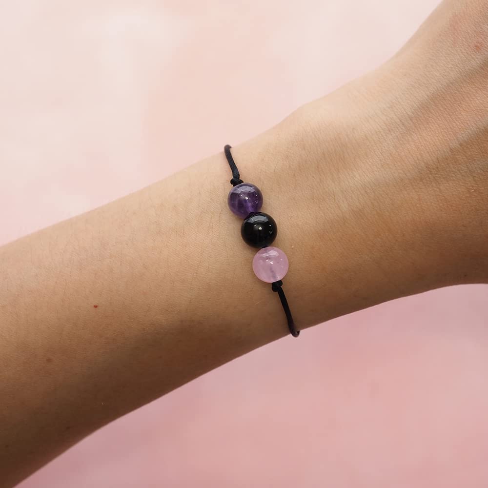 BOHO GARDEN Healing Crystal Bracelet for Anxiety - 3 Real Natural Gem Stones - Adjustable, Beaded Bracelets for Men, Women, Teens - 8mm Bead