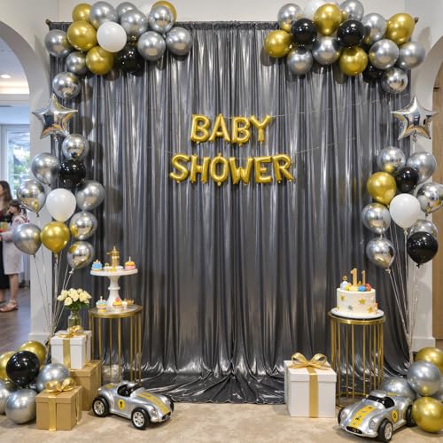 10x10ft Silver Black Backdrop Curtains Wedding Party Glitter Sequin Curtain Backdrop Fabric Shimmer Drapes Backdrop Bridal Shower Birthday Christmas Photoshoot Background Photography 5x10FT，2 Panels - color: Silver Black, size: 10ft X 10ft(2 Panels 5ft X