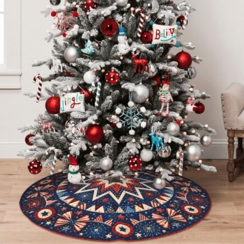 4th of July Christmas Tree Skirt Xmas Tree Skirt, Winter Christmas Tree Mat for Home Party Holiday Indoor Outdoor Decorations