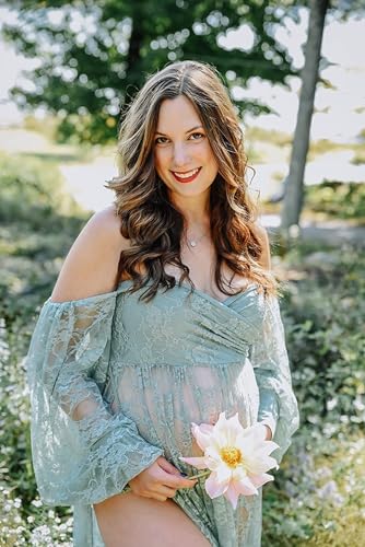 Saslax Soft Stretchy Lace Off Shoulder Doubly Split A-line Skirt Maternity Dress Pregnancy Maxi Gown for Photoshoot - color: Sage, size: X-Large