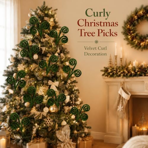 Daifunli 12 Pcs Curly Christmas Tree Picks Velvet Curl Decoration Spiral Curly Tree Topper Ornaments DIY Crafts for Wreath Fireplaces Vase Filler Holiday Ornament, 12 Inch(Brown, Green, Milky White)