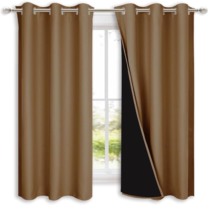 NICETOWN 100% Blackout Short Curtains with Black Liners, 2 Panels, 37" W by 60" L, Gold Brown, Solid Thermal Insulated Full Blackout 2-Layer Lined Drapes, Energy Efficiency Window Drapes for Bedroom