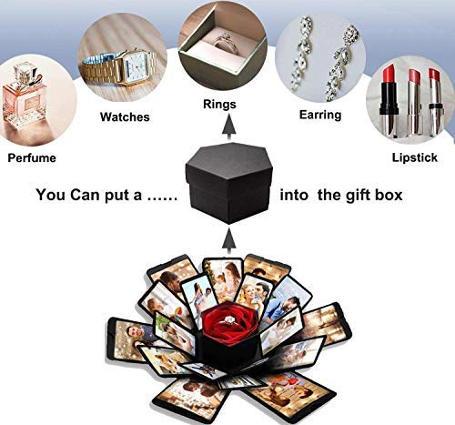 Wanateber Explosion Box, DIY Explosion Box with 6 Faces, Main Part Assembled Handmade Photo Album for Birthday Gift, Anniversary, Valentine's Day, Wedding (Black)