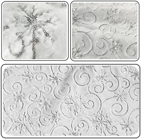 AOGU 60 Inch Sequin Faux Fur Christmas Tree Skirt for Christmas Tree Decorations White Plush Silver Sequin Snowflake Tree Skirt