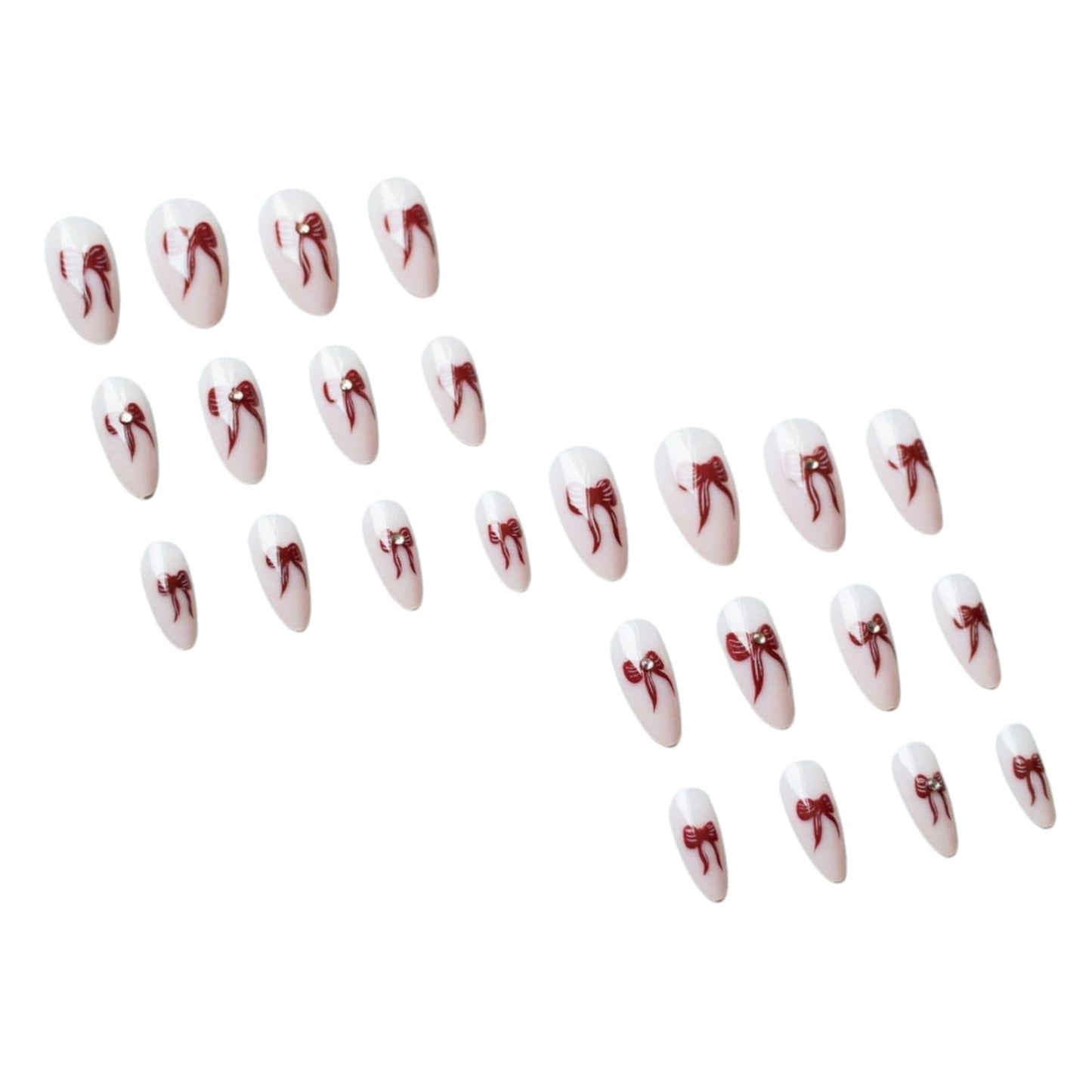 IMSOHOT Press on Nails Medium Almond Fake Nails with Red Bow Design Nude Glossy Full Cover Acrylic False Nails for Women Girls Manicure 24Pcs