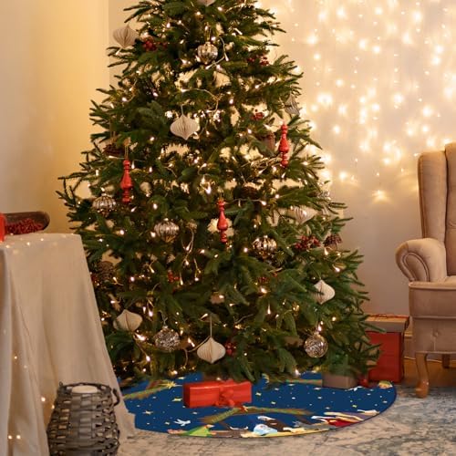 Navy Blue Nativity Scene Christmas Tree Skirt 48 inch Religious Jesus Nativity Scene Xmas Tree Collar Christian Christmas Tree Mat Holiday Jesus Indoor Outdoor Party Decor