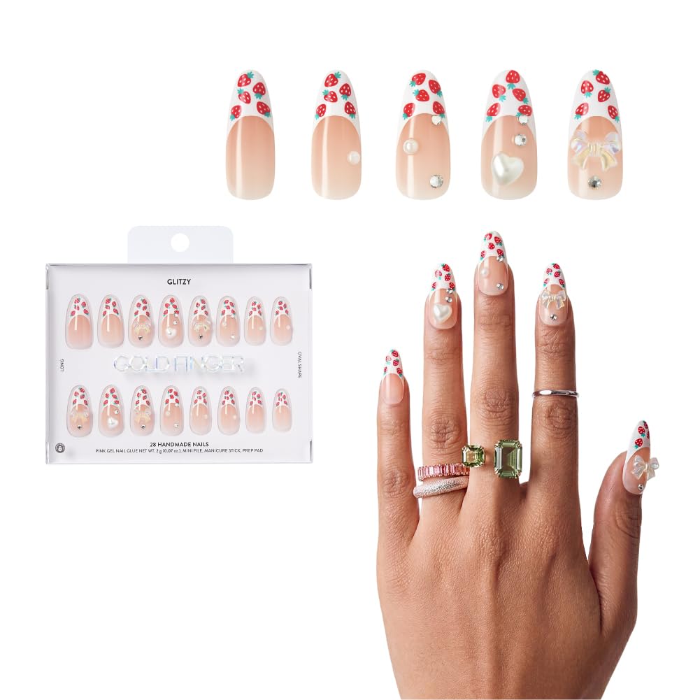 Glitzy 3D Handmade Press On Nail Kit, Rhinestone Strawberry French Tip Long Almond False Nail, Reusable & Lasts Up To 2 Weeks, Seamless Snug Fit Technology, Includes Glue, File & 28Pcs Manicure Set