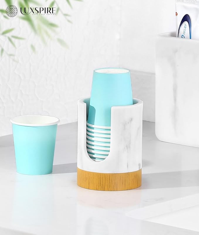 Luxspire Bathroom Cup Dispenser, 3oz Dixie Cup Dispenser, Marble Resin Dixie Cup Holder, Disposable Paper Cup Holder for Bathroom, Cotton Pad Holder, Guest Bathroom Essentials, Marble White