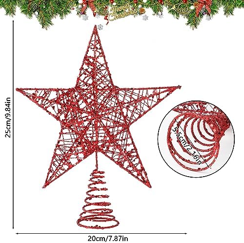 DERAYEE Christmas Star Tree Topper, Xmas Red Glittered Treetop Metal Hollow Tree Star for Christmas Tree Decorations, Holiday Party Indoor Decor