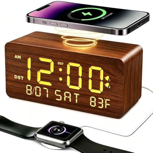 Premium Brown Wooden Digital Alarm Clock with Wireless Phone Charger, Dual USB Charging Ports, Dimmable LED Display, Date and Day of Week, Small Digital Desk Clock for Bedroom Nightstand Bedside Table