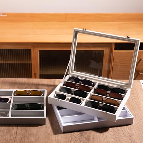 Frebeauty Sunglass Organizer,Velvet Glasses Organizer,8-Slot Sunglasses Tray with Clear Lid,Men's/Women's Sunglasses Box,Sunglass Case,13.3 x 9.6 x 2.2 Inches,Eyeglass/Eyewear Display Tray(Beige) - color: Beige, style: With Lid