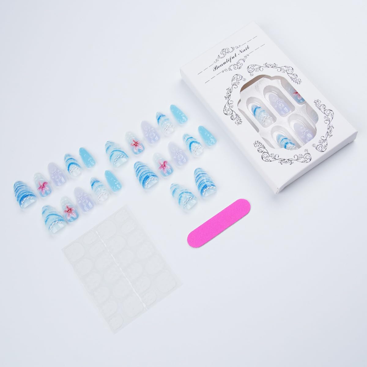 30Pcs Blue Beach Press on Nails Medium Almond Fake Nails 3D Summer Flower with Pearl Press Ons Design Ocean Mermaid False Nails Cute Stick on Nails Reusable Artificial Handmade Nail for Women Acrylic