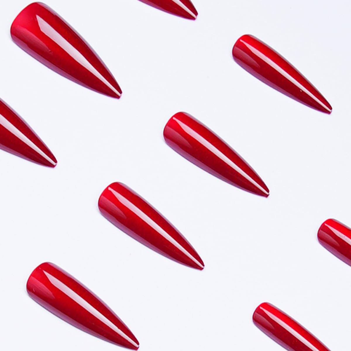 Red Press on Nails Long Stiletto Fake Nails Red Cat Eye False Nails with Design Glitter Glue on Nails Full Cover Stick on Nail Shiny Artificial Acrylic Nail for Women Manicure 24Pcs