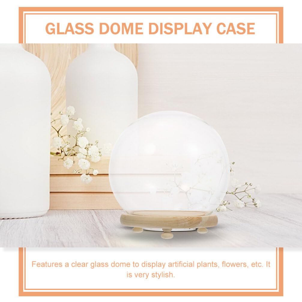 ABOOFAN Clear Glass Cloche Globes Display Dome Bell Jar with Wood Base LED Light 10cm DIY Craft Present Keepsake Globe Display Case Terrarium for Valentines Day Preserved Flower Plant Succulent