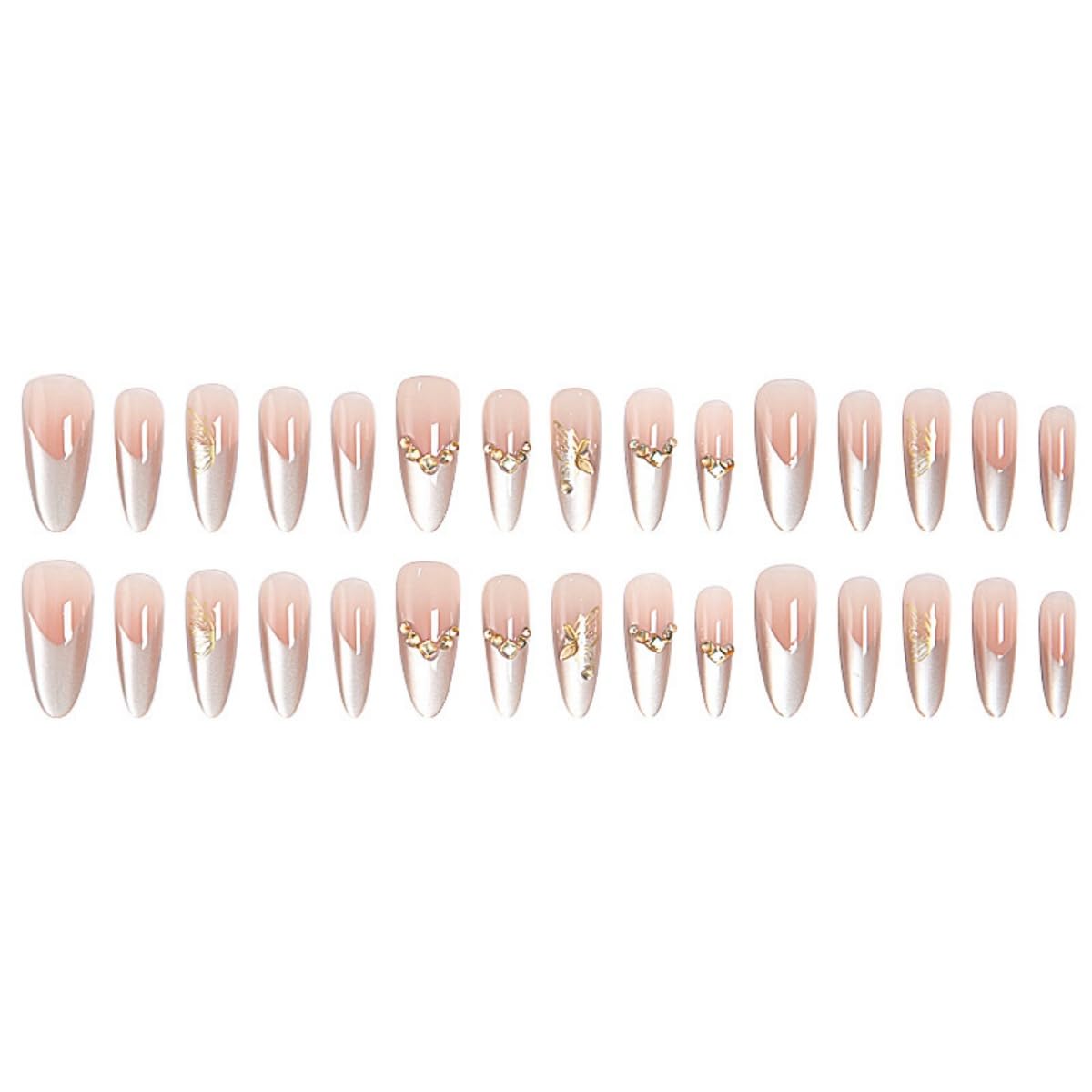 Silver French Tip Press on Nails Long Almond, Nude Fake Nails with Glue Gold Butterfly Diamond Rhinestones False Nails for Women DIY Manicure Decoration, 30PCS Reusable Artificial Nails