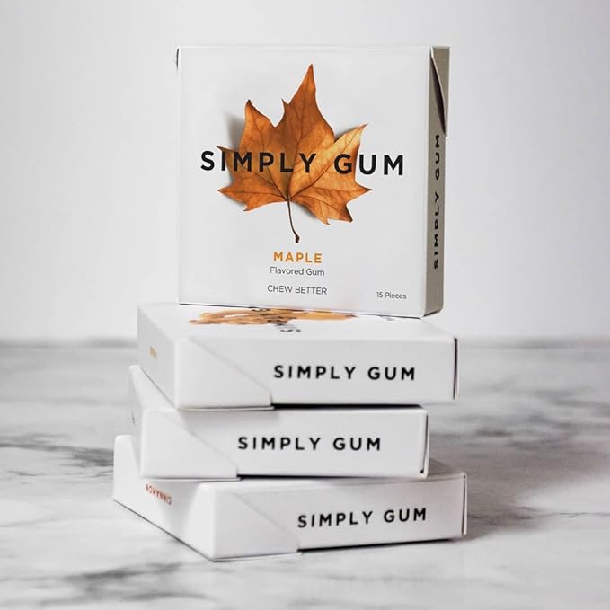 SIMPLY Gum Maple, Plastic-Free Natural Chewing Gum, 6 Pack (90 Pieces) | Vegan, Kosher, Non GMO, Aspartame Free and Sorbitol Free